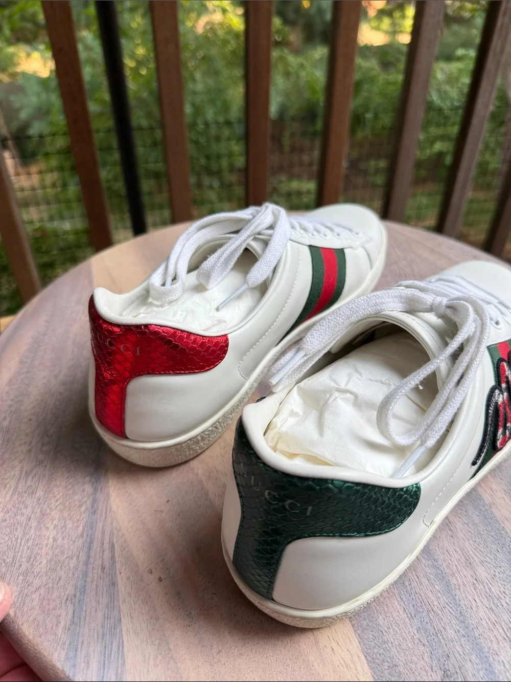 Gucci White Leather Ace Sneakers with Red & Green Web and Snake Embroidery